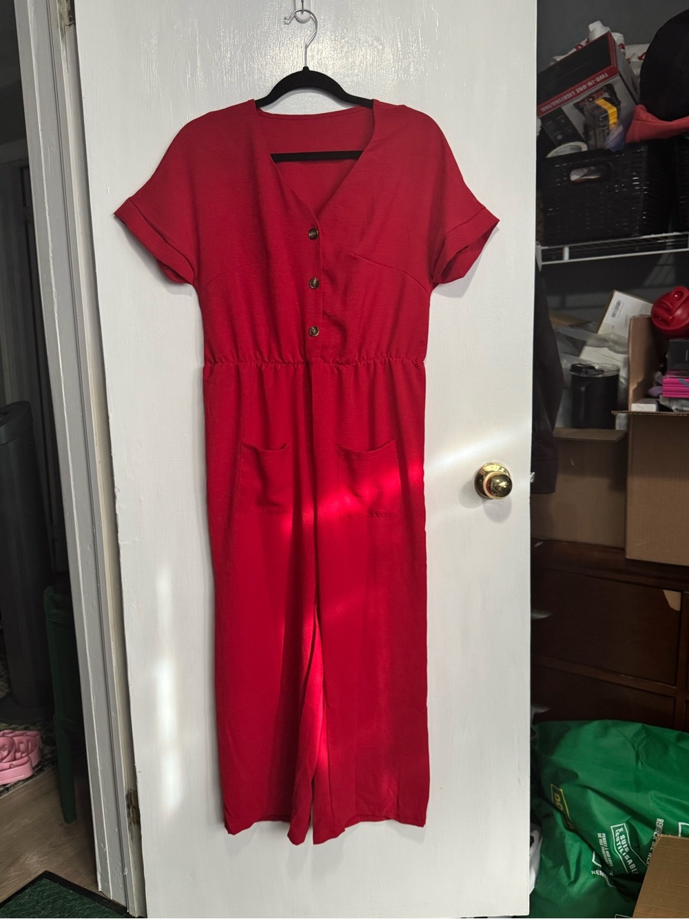 Red Button-Front Jumpsuit with Pockets